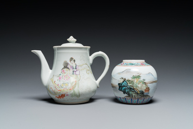 Six Chinese famille rose vases and a covered teapot, 20th C.