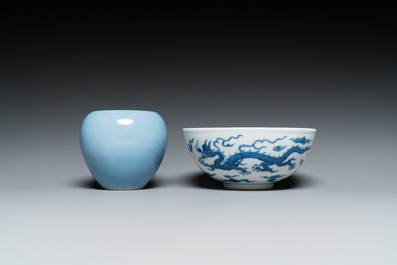 A Chinese blue and white 'dragon' bowl and a lavender-blue-glazed brushwasher, Qianlong mark, 19/20th C.