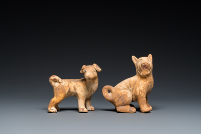 Two Chinese 'mingqi' painted pottery models of dogs, Han