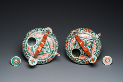 A pair of Chinese famille verte lime pots and covers, Kangxi