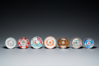 Seven Chinese famille rose cups and seven saucers, Yongzheng/Qianlong