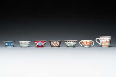 Seven Chinese famille rose cups and seven saucers, Yongzheng/Qianlong