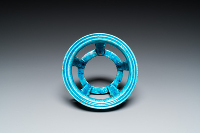 A Chinese monochrome turquoise-glazed reticulated ornament for use in a fish bowl, Kangxi