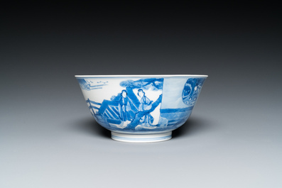 Bol en porcelaine de Chine en bleu et blanc &agrave; d&eacute;cor narratif, marque et &eacute;poque de Kangxi