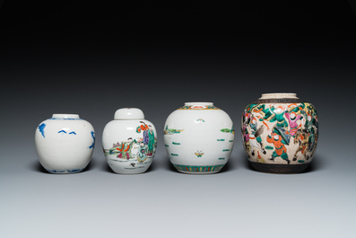 Sept pots en porcelaine de Chine en bleu et blanc, famille rose et famille verte, 19/20&egrave;me