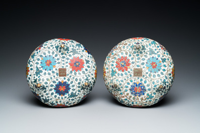 A pair of Chinese cloisonn&eacute; tripod censers, Fang Ming mark, Qing