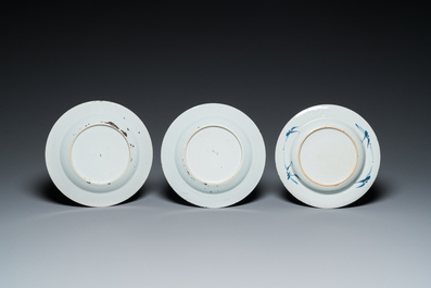 A Chinese blue and white dish and seven plates with flowers and landscapes, Kangxi/Qianlong