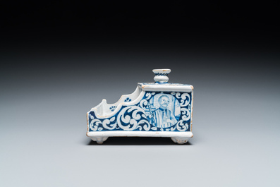 A Delft-style blue and white faience inkwell, probably Germany, signed and dated 1715