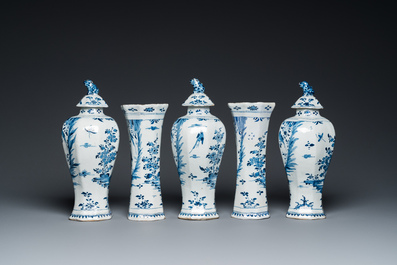 A Dutch Delft blue and white five-piece chinoiserie garniture, 1st quarter 18th C.