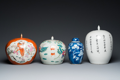 Four Chinese famille rose and blue and white covered jars, 19/20th C.