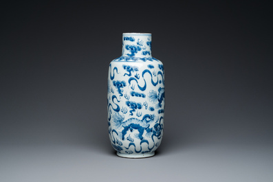 A Chinese blue and white 'Buddhist lions' vase and a 'langyao' bowl, 19/20th C.