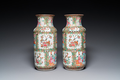 A pair of Chinese Canton famille rose vases and a pair of blue and white covered jars, 19th C.