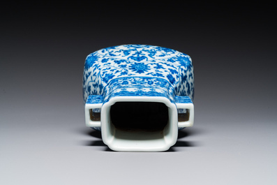 A Chinese blue and white 'fanghu' vase with lotus scrolls, Qianlong mark, 19/20th C.