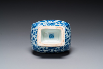 A Chinese blue and white 'fanghu' vase with lotus scrolls, Qianlong mark, 19/20th C.