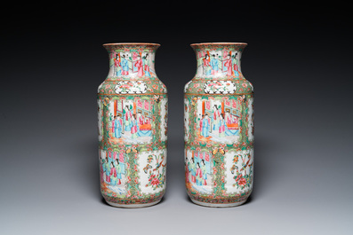 A pair of Chinese Canton famille rose vases and a pair of blue and white covered jars, 19th C.