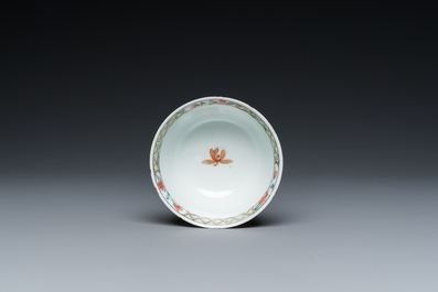 A rare Chinese famille rose 'harbour view' cup and saucer, Yongzheng