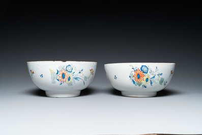 A pair of polychrome English Delftware punch bowls, probably Bristol, ca. 1740