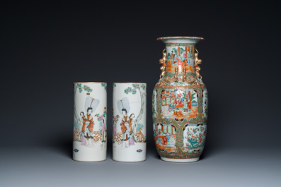 A pair of Chinese famille rose hat stands and a Canton famille rose vase, 19/20th C.