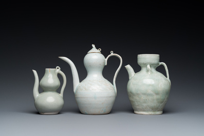 Three Chinese celadon- and qingbai-glazed jugs, Song and later