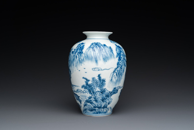 A Chinese blue and white 'mountainous landscape' vase, Kangxi mark, Republic