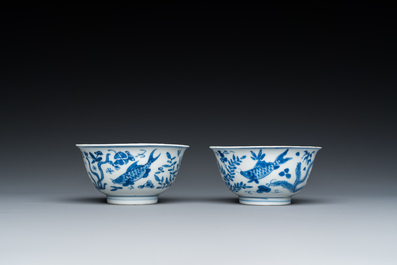 A pair of Chinese blue and white 'carps' cups and saucers, Kangxi