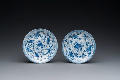 A pair of Chinese blue and white 'carps' cups and saucers, Kangxi