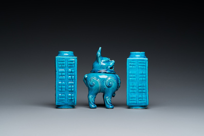 A pair of Chinese monochrome turquoise-glazed 'cong' vases and a 'luduan' censer, 19/20th C.