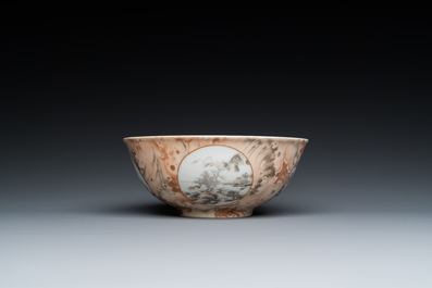 A Chinese faux-bois bowl with grisaille medallions, Qianlong mark, Republic