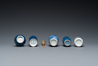 Five Chinese blue and white snuff bottles, 19th C.