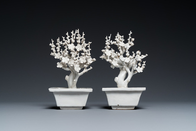 A pair of Chinese Dehua blanc de Chine trees with birds, Kangxi