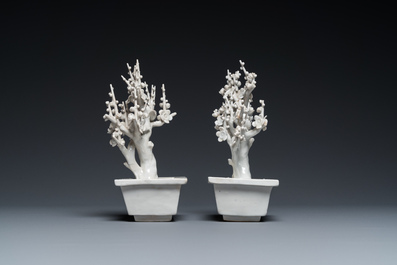 A pair of Chinese Dehua blanc de Chine trees with birds, Kangxi