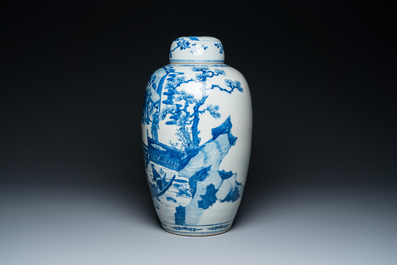 A large Chinese blue and white 'narrative subject' jar and cover, 19th C.