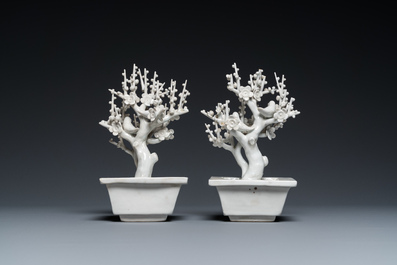 A pair of Chinese Dehua blanc de Chine trees with birds, Kangxi