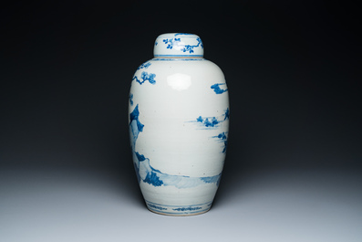 A large Chinese blue and white 'narrative subject' jar and cover, 19th C.