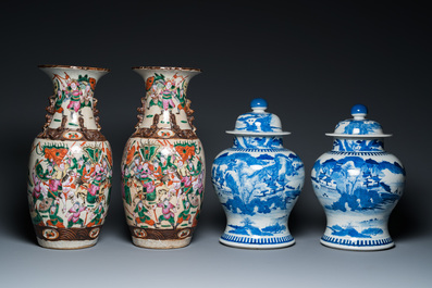 A pair of Chinese blue and white covered vases and a pair of Nanking famille rose vases, 19th C.