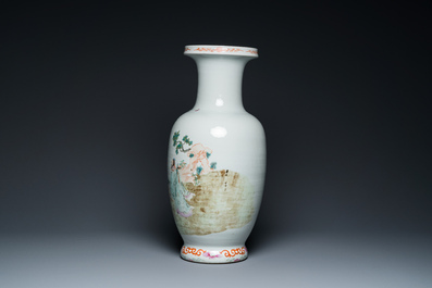 A Chinese famille rose 'narrative subject' vase, Qianlong mark, 19/20th C.