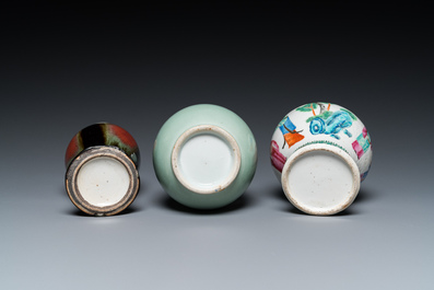 A Chinese famille rose, a flamb&eacute;-glazed and a blue and white celadon-ground vase, 19/20th C.