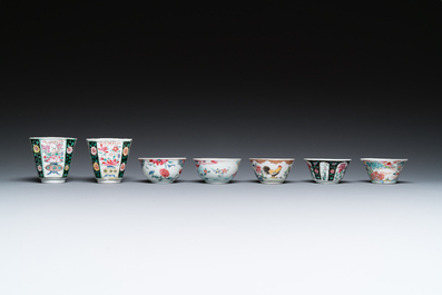 Seven Chinese famille rose cups and saucers, Yongzheng/Qianlong