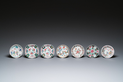 Seven Chinese famille rose cups and saucers, Yongzheng/Qianlong