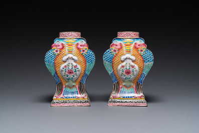 A pair of rare Chinese Canton enamel 'double eagle' vases, Yongzheng