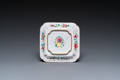 A Chinese Canton enamel square saucer dish with a scholar drinking wine, Yongzheng/Qianlong