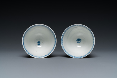 A pair of Chinese blue and white cups and saucers, Chenghua mark, Kangxi