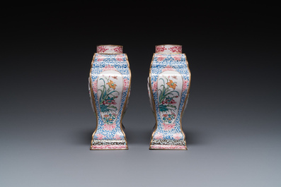 A pair of rare Chinese Canton enamel 'double eagle' vases, Yongzheng