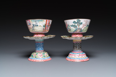 A pair of Chinese Canton enamel marriage bowls on stems, Yongzheng