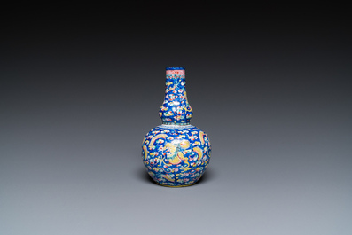 A Chinese blue-ground Canton enamel double gourd 'dragons' vase, Shangxin 赏心 mark, Qianlong