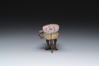 A Chinese yellow-ground Canton enamel ritual wine ewer or 'jue', Yongzheng