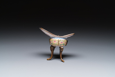 A Chinese yellow-ground Canton enamel ritual wine ewer or 'jue', Yongzheng