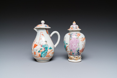 A Chinese famille rose 'mandarin subject' jug with cover and a tea caddy, Qianlong