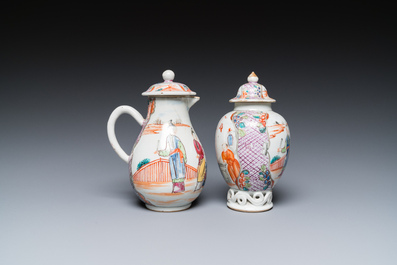 A Chinese famille rose 'mandarin subject' jug with cover and a tea caddy, Qianlong