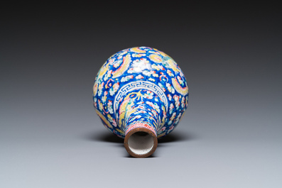 A Chinese blue-ground Canton enamel double gourd 'dragons' vase, Shangxin 赏心 mark, Qianlong